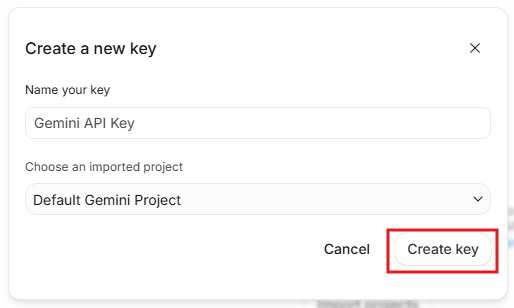 Google AI Studio window for creating a Gemini API key